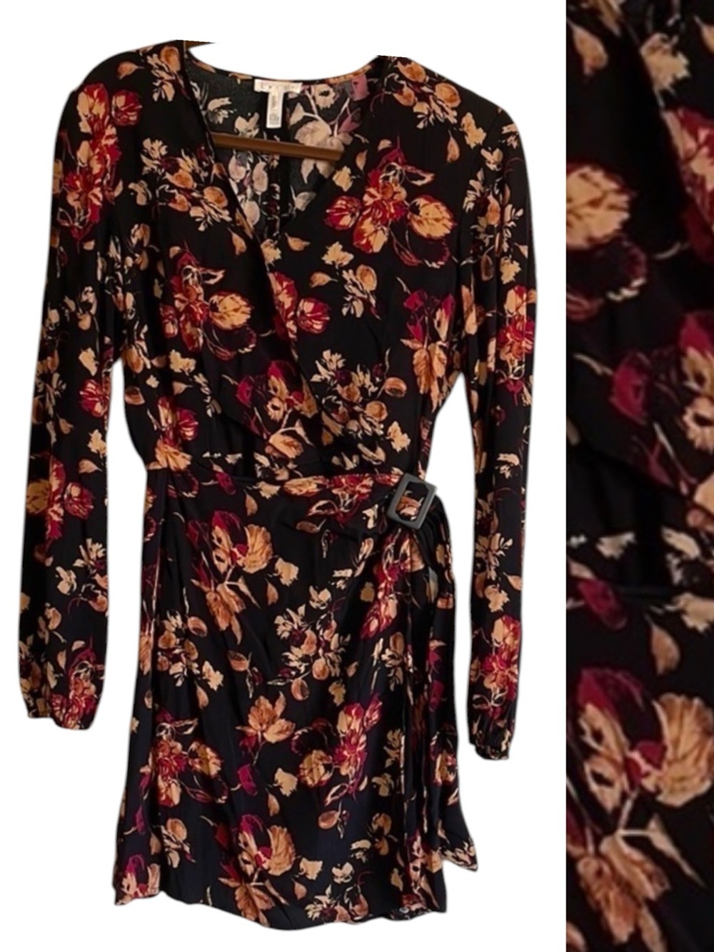 Leith Moody Floral Dress SM Black Long Sleeve Crossover Mini Fitted